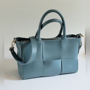 Valentina Fiore Intrecciato Woven Blue Leather Crossbody Handbag